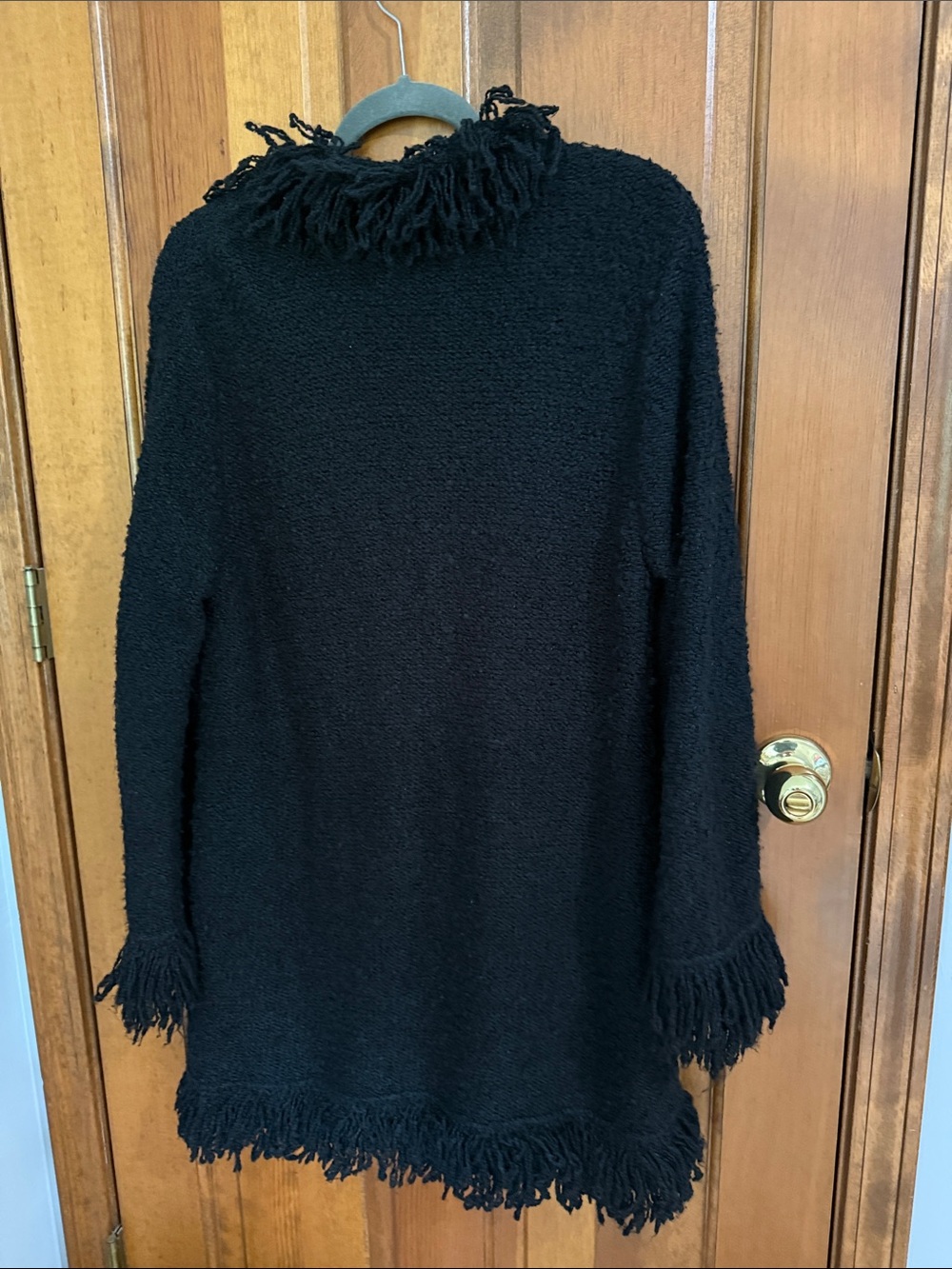Chico's Black Fringe Trim Open-Front Long Cardigan - Picture 3 of 6